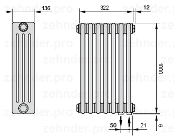 Схема (чертеж) Радиатор Zehnder Charleston 4100/7 №5510 Белый глянцевый RAL 9016